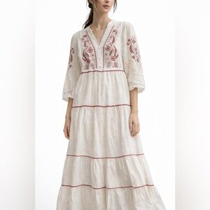 K003. Embroidered Maxi Dress with Red Accents